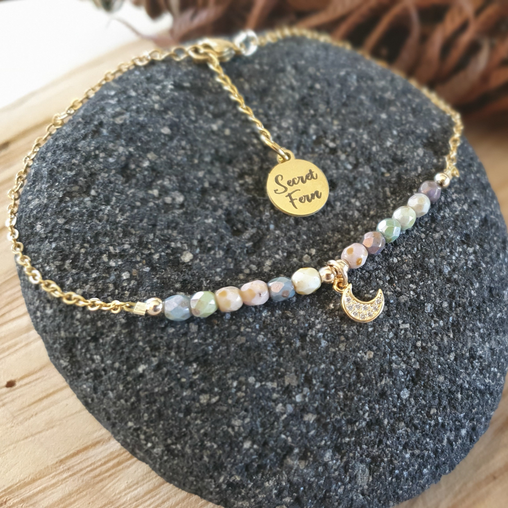 Anklet with blue, purple, orange heishi shell beads on a gold plated surgical steel 2mm chain with a Secret Fern gold plated tag