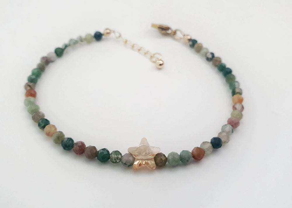Indian Agate gems have the brown and green tones of nature. These are lovely stones.   We added an authentic Swarovski crystal star to add a touch of sparkles!     This dainty bracelet is lightweight yet elegant.  Wear it anytime, anywhere - Solo or stack it with our other styles!