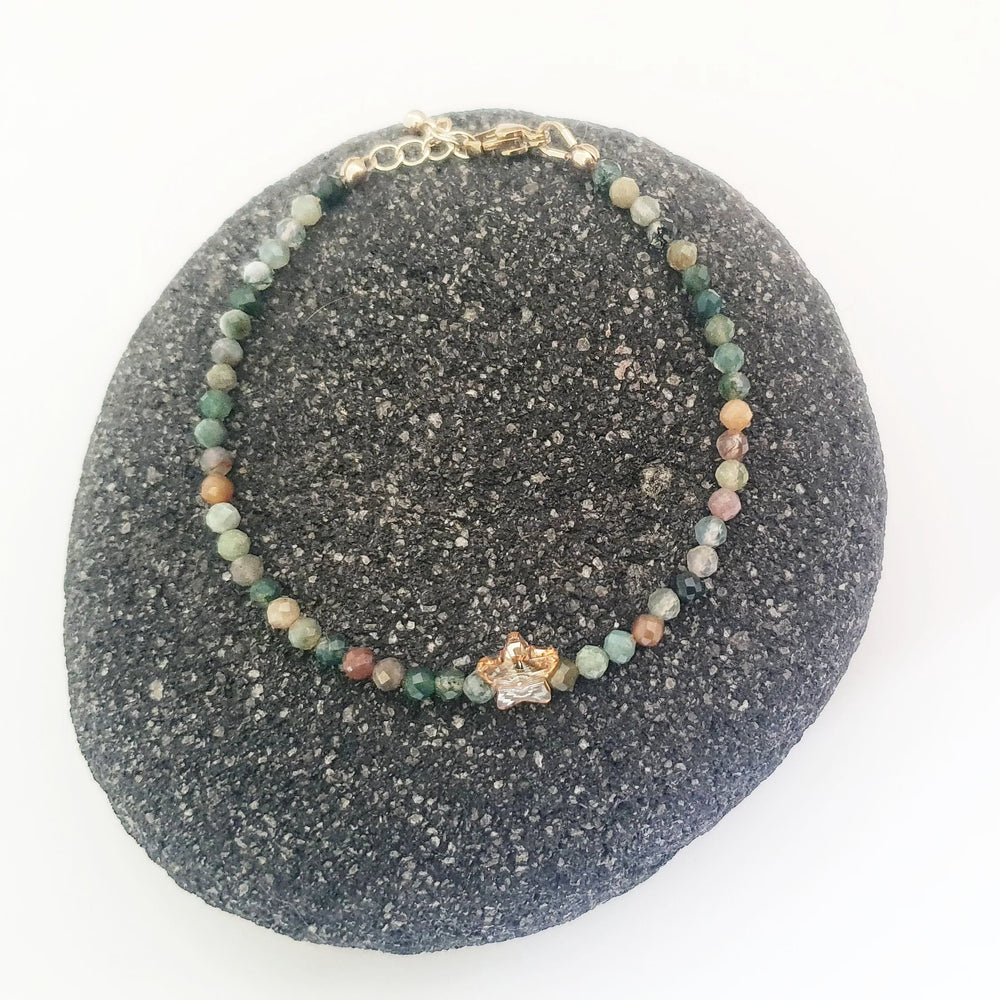 Indian Agate gems have the brown and green tones of nature. These are lovely stones.   We added an authentic Swarovski crystal star to add a touch of sparkles!     This dainty bracelet is lightweight yet elegant.  Wear it anytime, anywhere - Solo or stack it with our other styles!