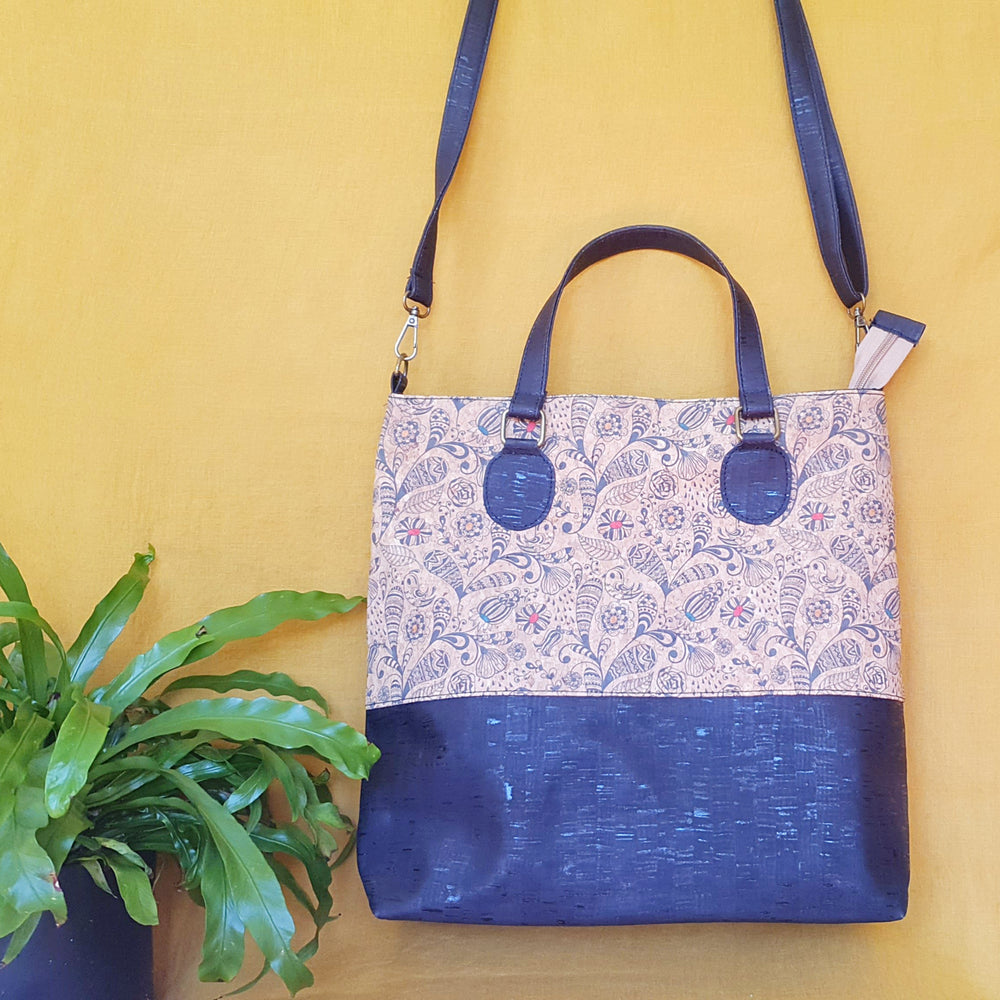 
            
                Load image into Gallery viewer, This large beige and black Cork bag Made with eco-friendly, sustainable, PETA approved and fair-trade European standards. 
            
        