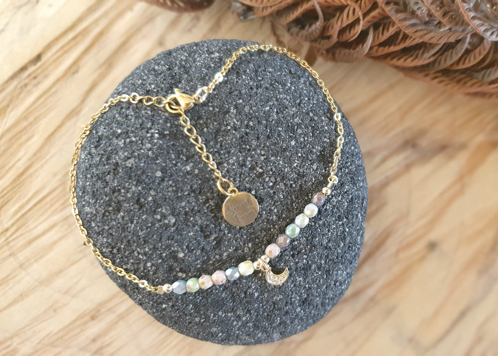 Pastel rustic glass bead with a rhinestone moon charm anklet on a gold plated s. steel and gold filled elements