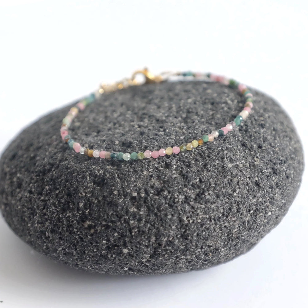 bracelet is made with micro natural natural multicolour tourmaline gemstones and high quality hypoallergenic s. steel and 14K gold filled findings.