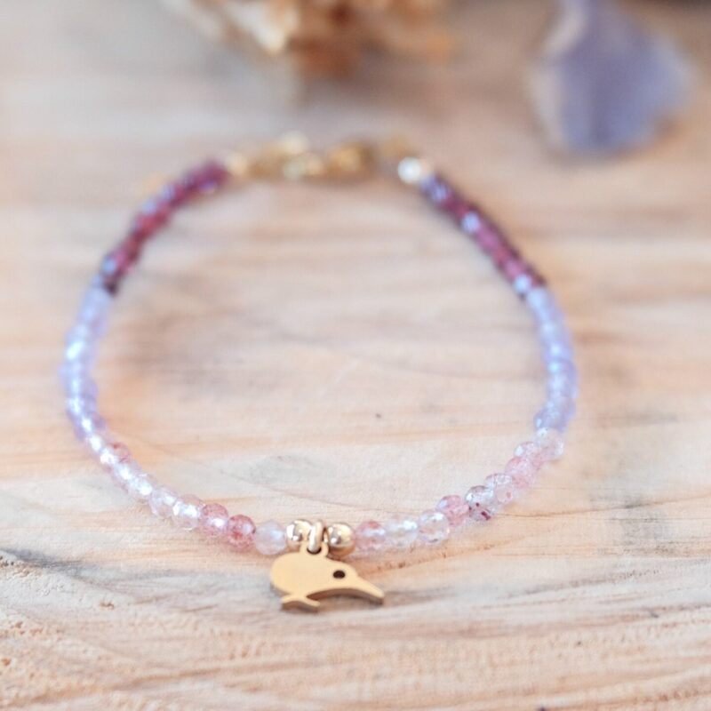 bracelet Made with a trio of tiny natural semi precious gemstones - Strawberry quartz, Amethyst and Rhodolite Garnet with our Secret Fern designed Kiwibird charm.