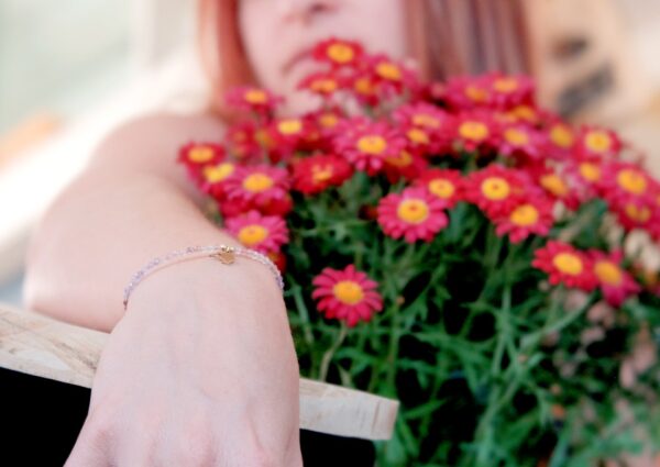 Made with a trio of tiny natural semi precious gemstones - Strawberry quartz, Amethyst and Rhodolite Garnet with our Secret Fern designed Kiwibird charm.