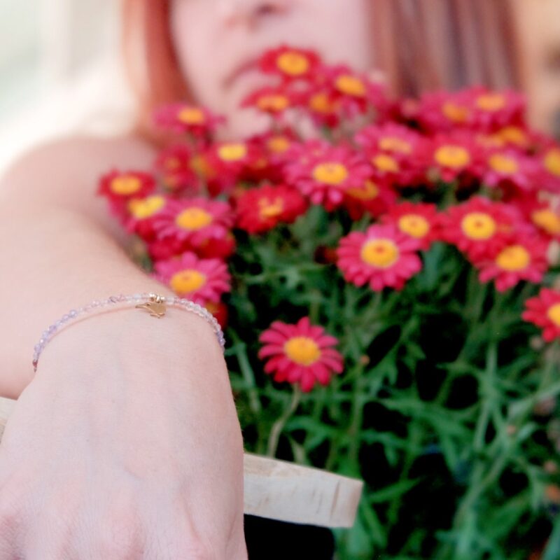 124265_f5a3dc57757e4fa39504fdffe8ab9609_mv2 Made with a trio of tiny natural semi precious gemstones - Strawberry quartz, Amethyst and Rhodolite Garnet with our Secret Fern designed Kiwibird charm.