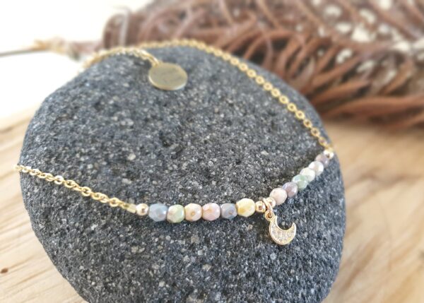 Pastel rustic glass bead with a rhinestone moon charm anklet on a gold plated s. steel and gold filled elements