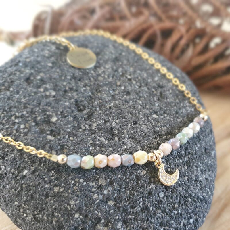 Pastel rustic glass bead with a rhinestone moon charm anklet on a gold plated s. steel and gold filled elements