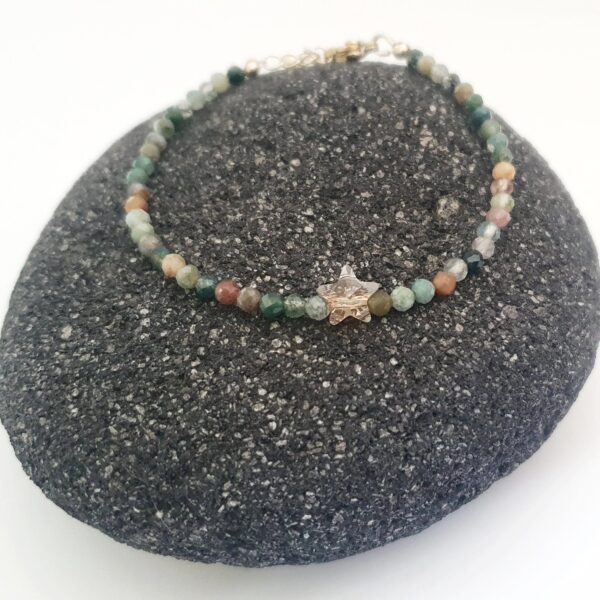 Indian Agate gems have the brown and green tones of nature. These are lovely stones.   We added an authentic Swarovski crystal star to add a touch of sparkles!     This dainty bracelet is lightweight yet elegant.  Wear it anytime, anywhere - Solo or stack it with our other styles!