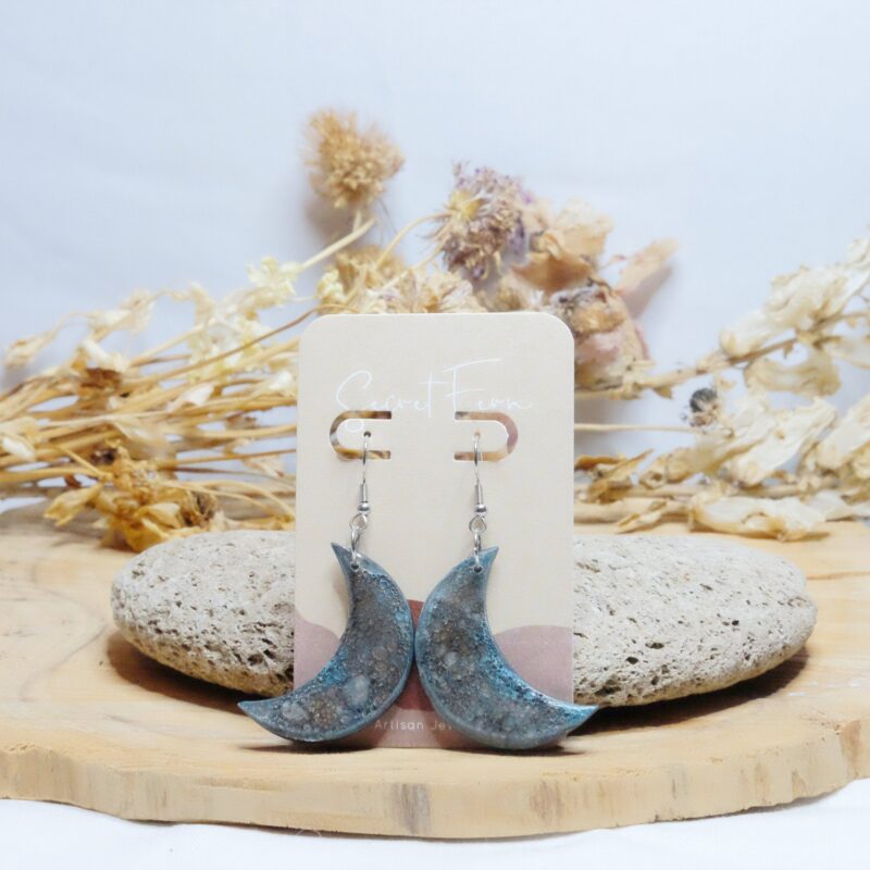 blue and golden moon polymer clay and resin earring 5cm