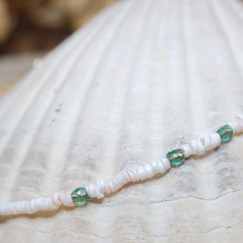 DSCF2862 Boho natural shell anklet on a Gold plated steel chain, rustic blue glass beads and gold filled findings with our home-designed Secret Fern tag.