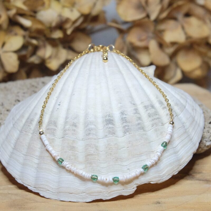 Boho natural shell anklet on a Gold plated steel chain, rustic blue glass beads and gold filled findings with our home-designed Secret Fern tag.