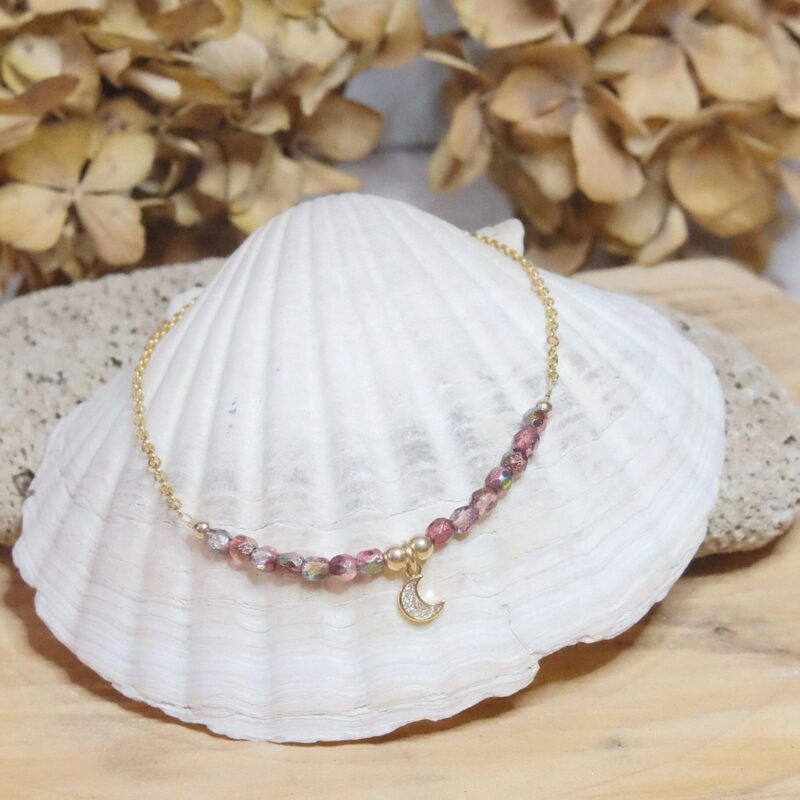 DSCF2888 Raspberry red iridescent rustic glass bead with a rhinestone moon charm anklet on a gold plated s. steel and gold filled elements