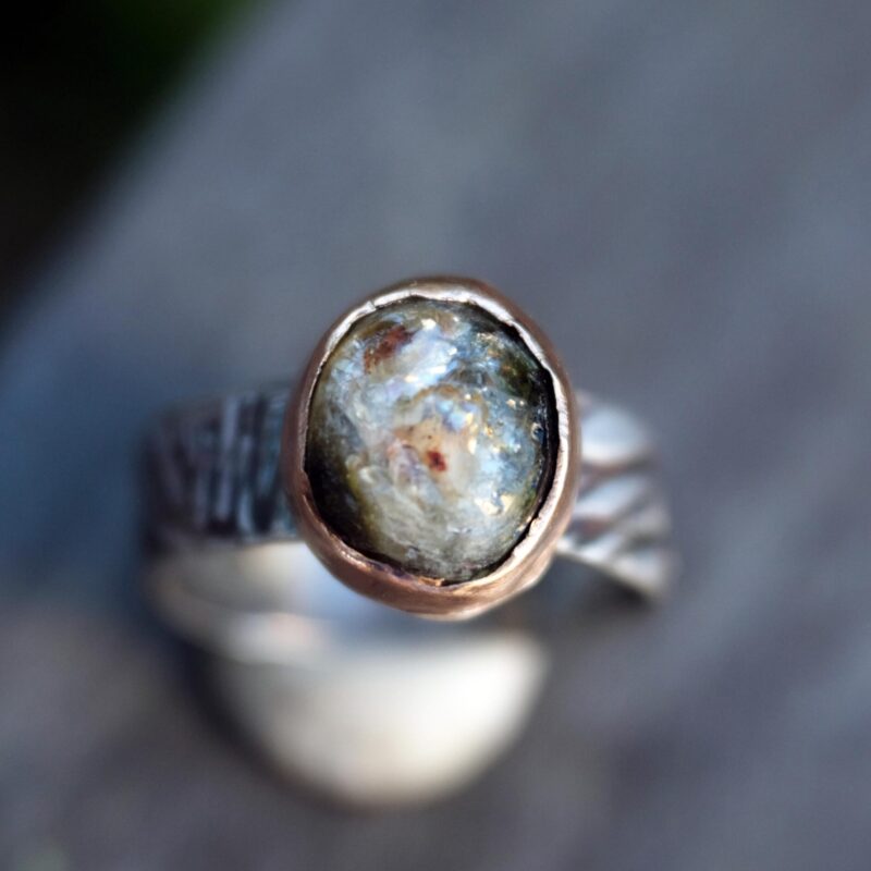 Sterling silver (oxidised) · Bronze bezel · Moldavite · Size 7.5